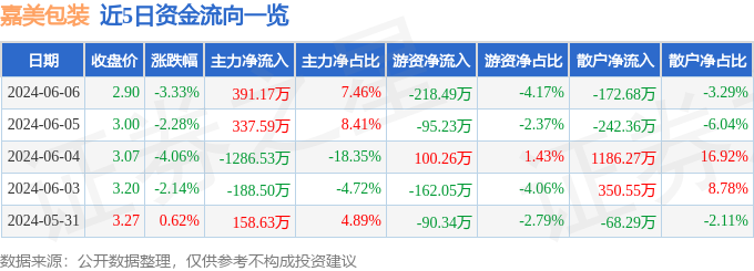 股票行情快报：嘉美包装（002969）6月6日主力资金净买入391.17万元