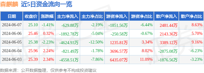 森麒麟（002984）6月7日主力资金净卖出629.88万元