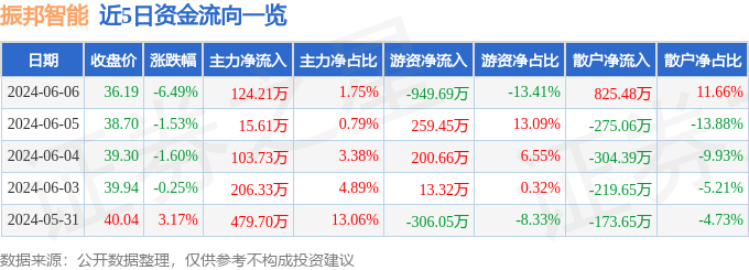 股票行情快报：振邦智能（003028）6月6日主力资金净买入124.21万元