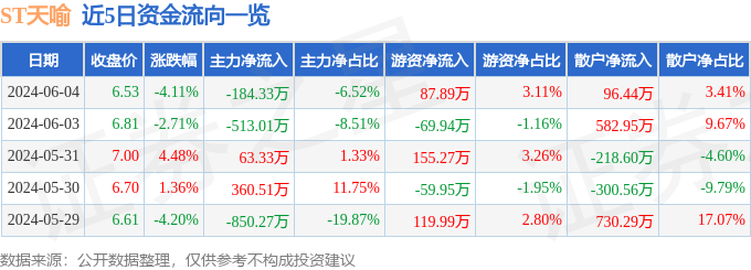 股票行情快报：ST天喻（300205）6月4日主力资金净卖出184.33万元