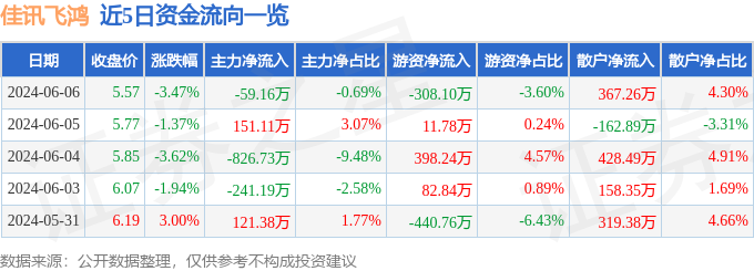 股票行情快报：佳讯飞鸿（300213）6月6日主力资金净卖出59.16万元