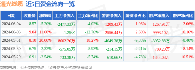 通光线缆（300265）6月4日主力资金净卖出2477.33万元