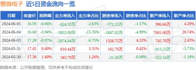 股票行情快报：赛微电子（300456）6月5日主力资金净卖出624.33万元