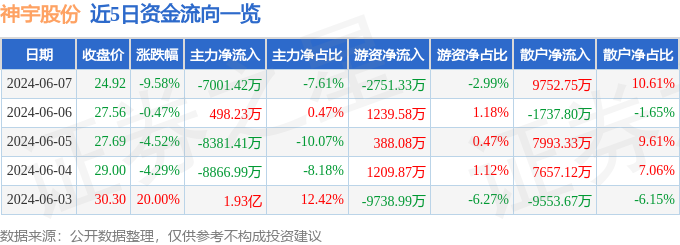 神宇股份（300563）6月7日主力资金净卖出7001.42万元