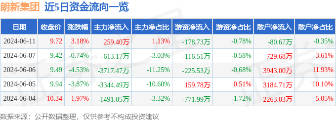 股票行情快报：朗新集团（300682）6月11日主力资金净买入259.40万元