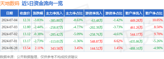 股票行情快报：天地数码（300743）7月4日主力资金净卖出38580万元