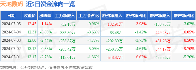 股票行情快报：天地数码（300743）7月5日主力资金净卖出3218万元