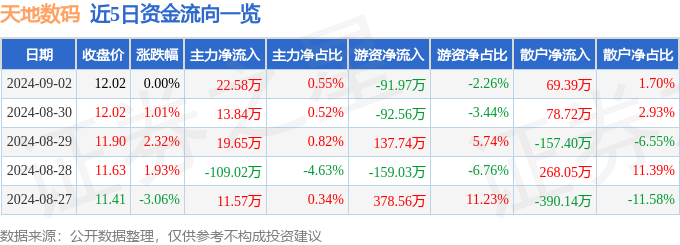 股票行情快报：天地数码（300743）9月2日主力资金净买入2258万元