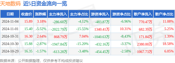 必赢股票行情快报：天地数码（300743）11月4日主力资金净卖出28660万元(图1)