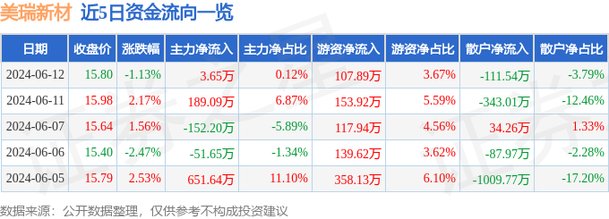 美瑞新材（300848）6月12日主力资金净买入3.65万元