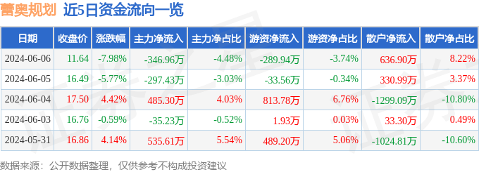 蕾奥规划（300989）6月6日主力资金净卖出346.96万元