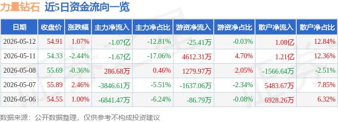 股票行情快报：力量钻石（301071）5月12日主力资金净卖出1.07亿元