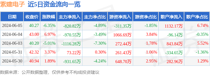 紫建电子（301121）6月5日主力资金净卖出820.82万元