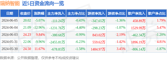 瑞纳智能（301129）6月5日主力资金净卖出111.24万元