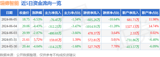 瑞德智能（301135）6月5日主力资金净卖出76.45万元