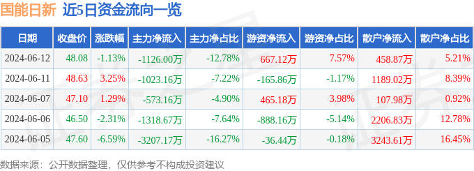 国能日新（301162）6月12日主力资金净卖出1126.00万元