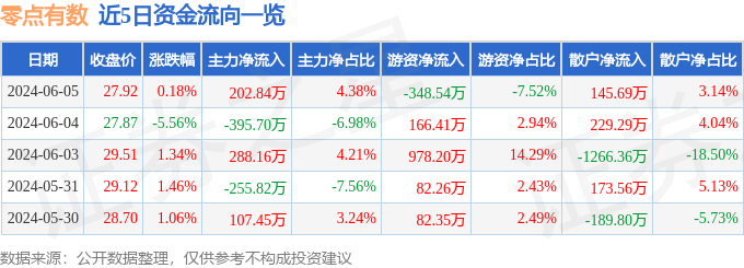 股票行情快报：零点有数（301169）6月5日主力资金净买入202.84万元