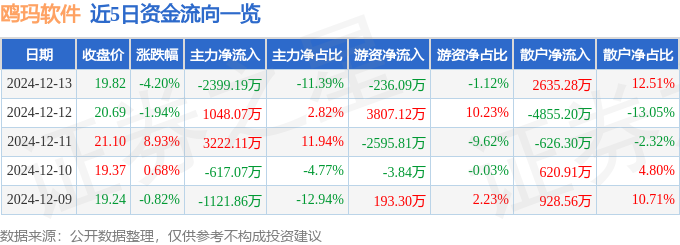 股票行情快报：鸥玛软件（301185）12月13日主力资平博PINNACLE金净卖出239919万元(图1)