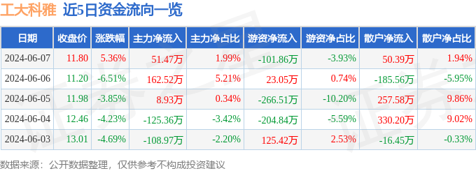 股票行情快报：工大科雅（301197）6月7日主力资金净买入51.47万元