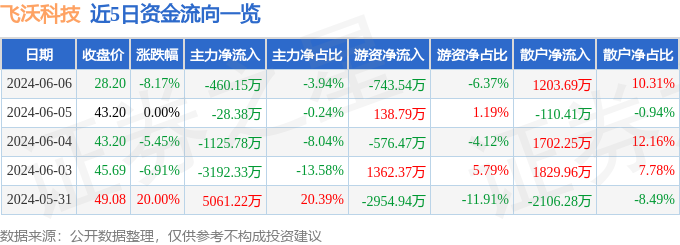 飞沃科技（301232）6月6日主力资金净卖出460.15万元