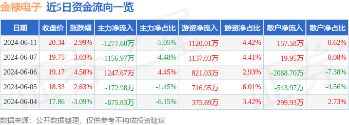 股票行情快报：金禄电子（301282）6月11日主力资金净卖出1277.60万元