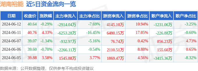 股票行情快报：湖南裕能（301358）6月12日主力资金净卖出2914.04万元