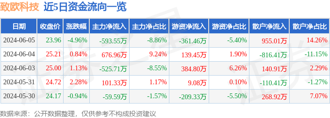 致欧科技（301376）6月5日主力资金净卖出593.55万元