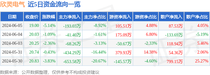 欣灵电气（301388）6月5日主力资金净卖出193.03万元