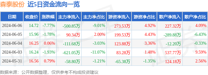 森泰股份（301429）6月6日主力资金净卖出500.85万元