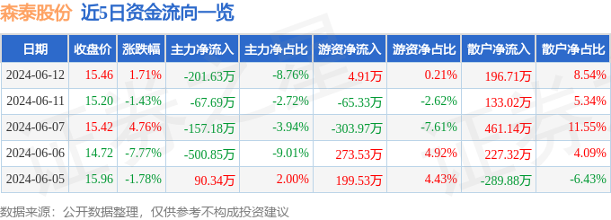 股票行情快报：森泰股份（301429）6月12日主力资金净卖出201.63万元