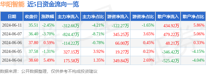 华阳智能（301502）6月11日主力资金净卖出312.66万元