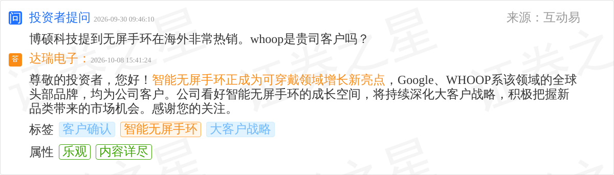 达瑞电子10月8日回应智能无屏手环话题:Google、WHOOP均为公司客户(图1)