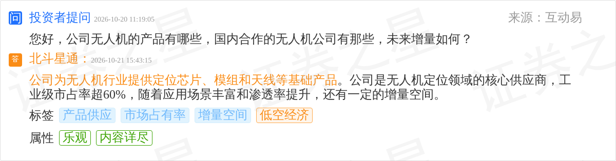 北斗星通10月21日回应低空经济话题：无人机定位领域核心供应商工业级市占率超60%(图1)