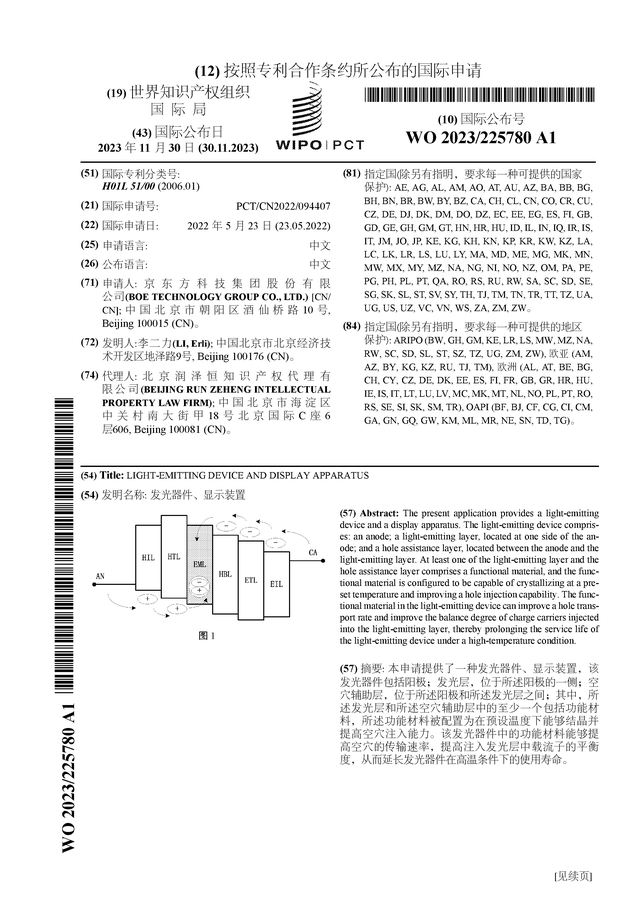 京东方A新获得国际专利授权：“发光器件、显示装置”_股票频道_证券之星